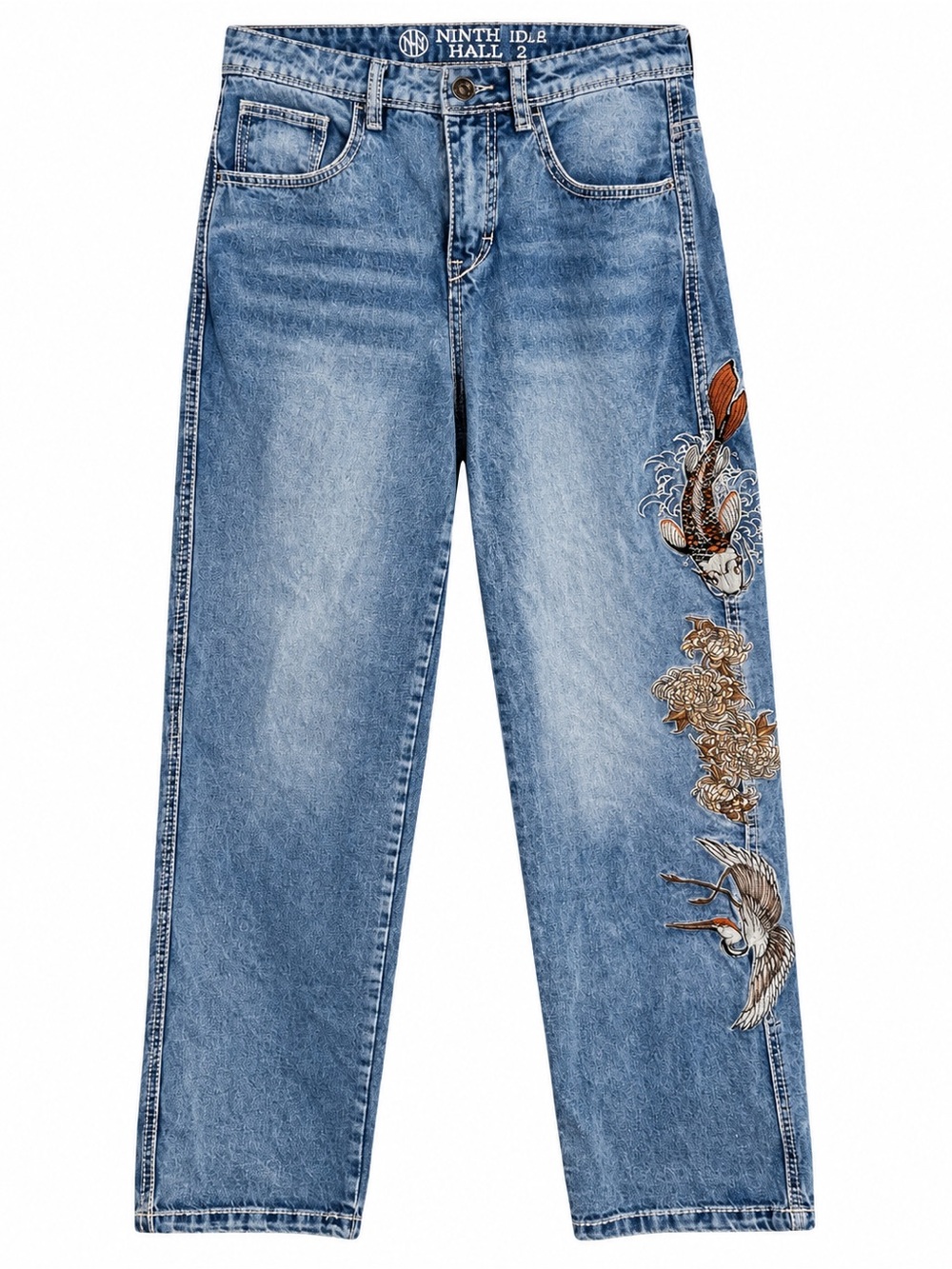 Ninth Hall Size 2 Embroidered Koi Crane Jeans Y2K Baggy Streetwear Denim